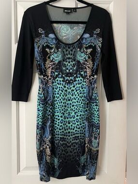 Just Cavalli Black and Aqua Printed Bodycon Dress